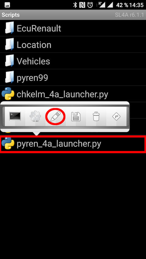 Выбираем файл «pyren_4a_launcher.py» и нажимаем пиктограмму «карандаш» для редактирования скрипта.