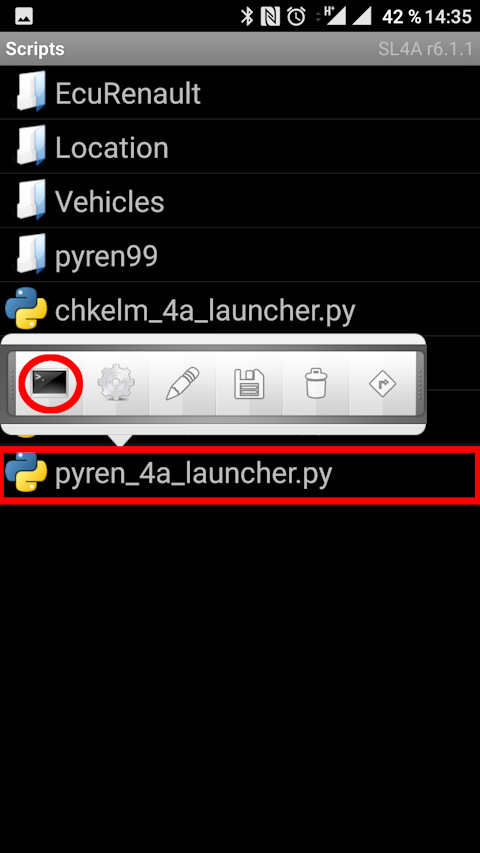 Снова выбираем файл «pyren_4a_launcher.py» и нажимаем на этот раз пиктограмму «окна» для запуска скрипта. Интернет на смартфоне должен быть активен!